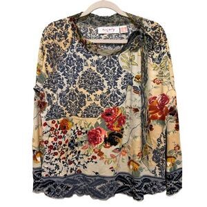 Rene Derhy Top Women 18/20 Mixed Print Beaded Floral Chiffon Tie Neck Artsy Boho